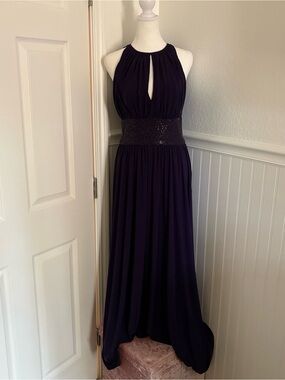 Elegant Plum Halter Evening Gown with Beaded Waist size 8